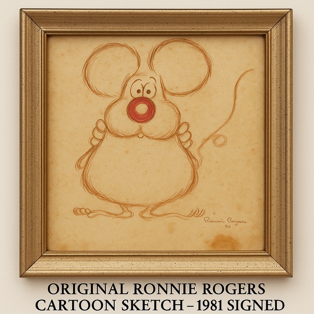 Original Ronnie Rogers Cartoon Sketch 1981 – Signed Vintage Mouse Art Framed